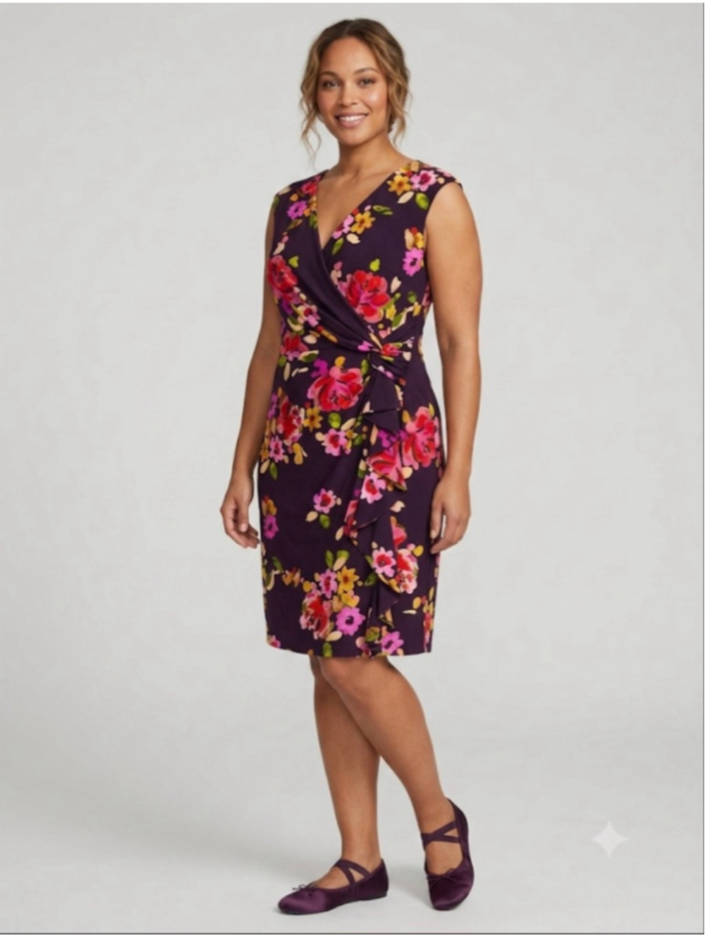 Chaps Purple Floral Faux Wrap Dress L